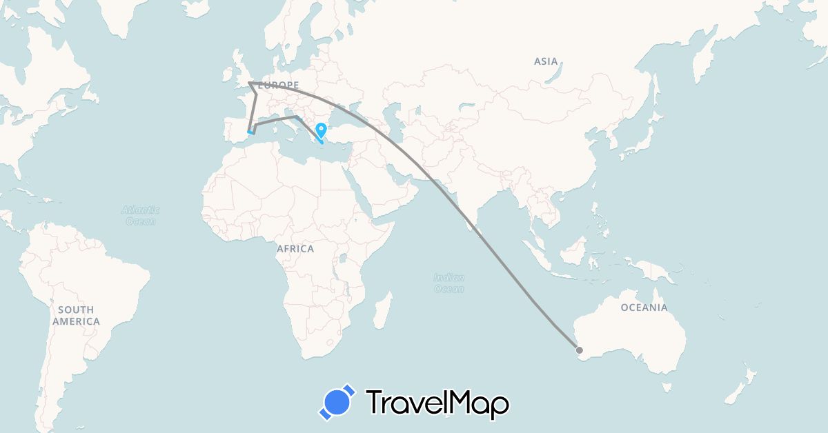 TravelMap itinerary: plane, boat in Australia, Spain, France, United Kingdom, Greece, Croatia (Europe, Oceania)